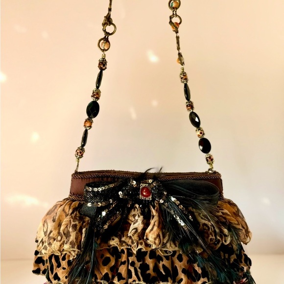 Mary Frances Leopard and Floral Beaded Shoulder Bag  Accented with Feathers - Picture 10 of 11